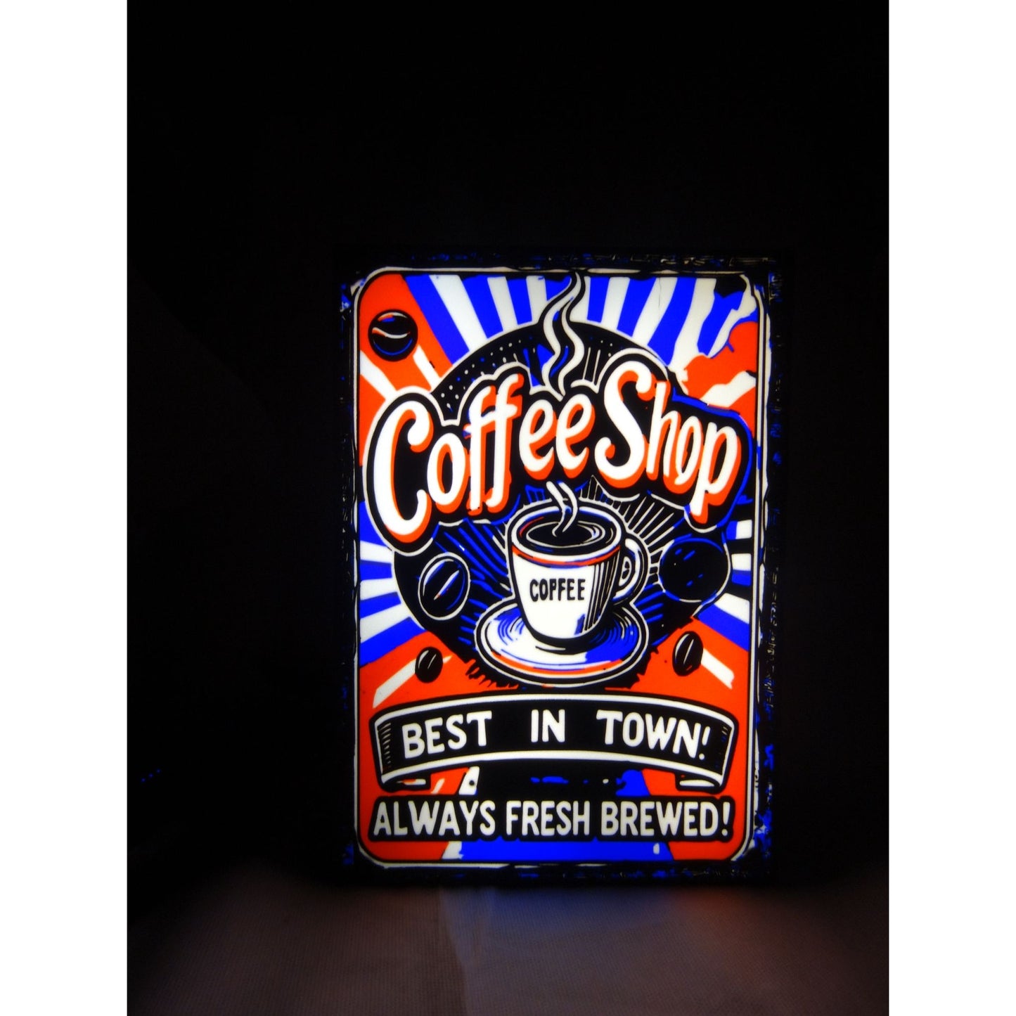 Retro LED Coffee Shop Sign (10"x7") – "Best In Town! Always Fresh Brewed!" Lightbox for Cafe, Kitchen & Home Bar
