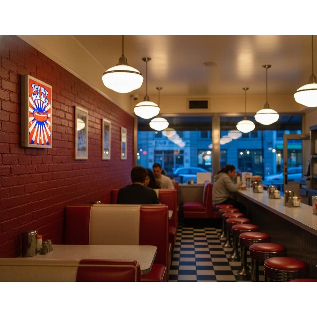 Vintage Retro Diner Sign: "Try Our Hot Dog" Light-Up LED Wall Decor | 10"x7" Red & Blue Nostalgic Display for Kitchen, Man Cave, or Restaurant