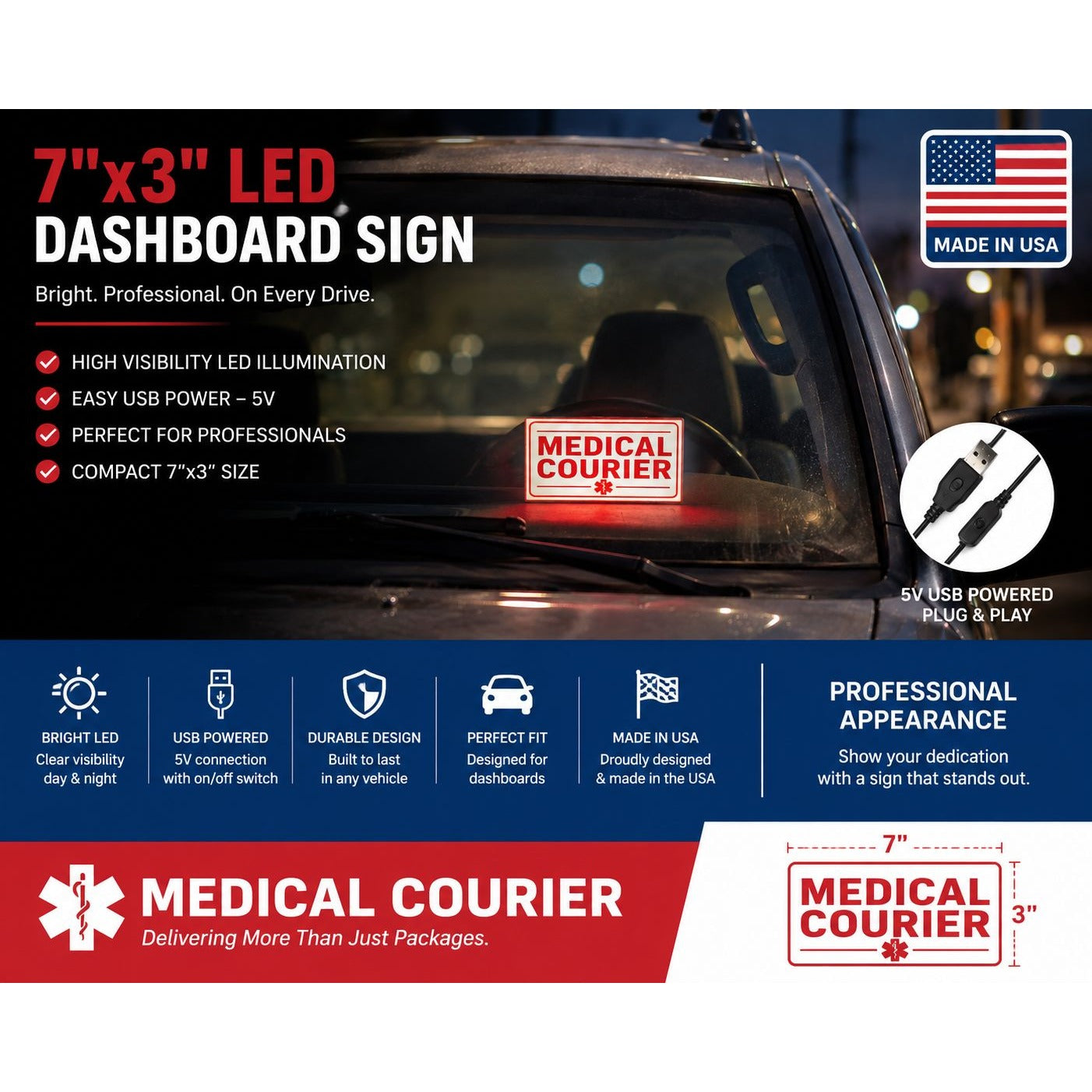 MEDICAL COURIER LED Sign for Car Dashboard | Made in USA, 5V USB Powered Light Up Placard with Dimmer Switch | Illuminated