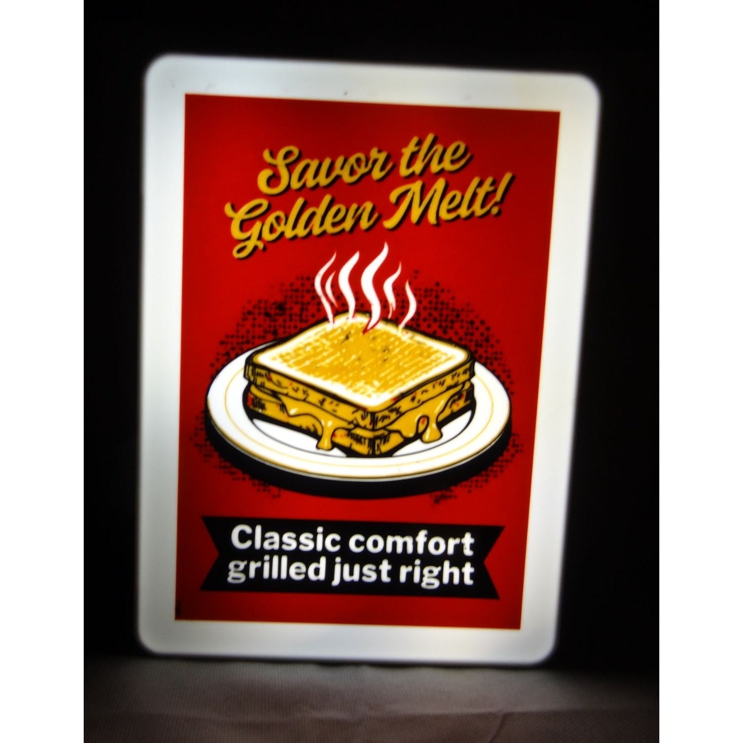 Grilled Cheese "Savor The Golden Melt" LED Backlit Retro Sign | 10"x7" Wall Art Decor | Red & Yellow Diner Style Pylon