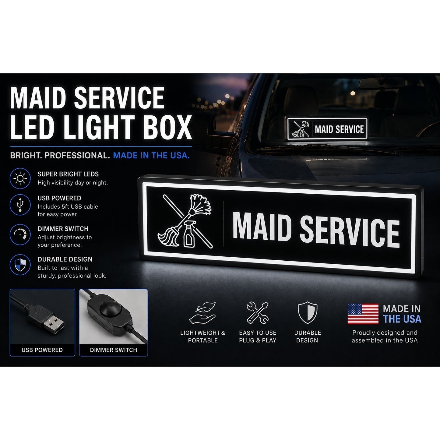 Maid Service Illuminated LED Windshield Light Box Sign | Made in USA