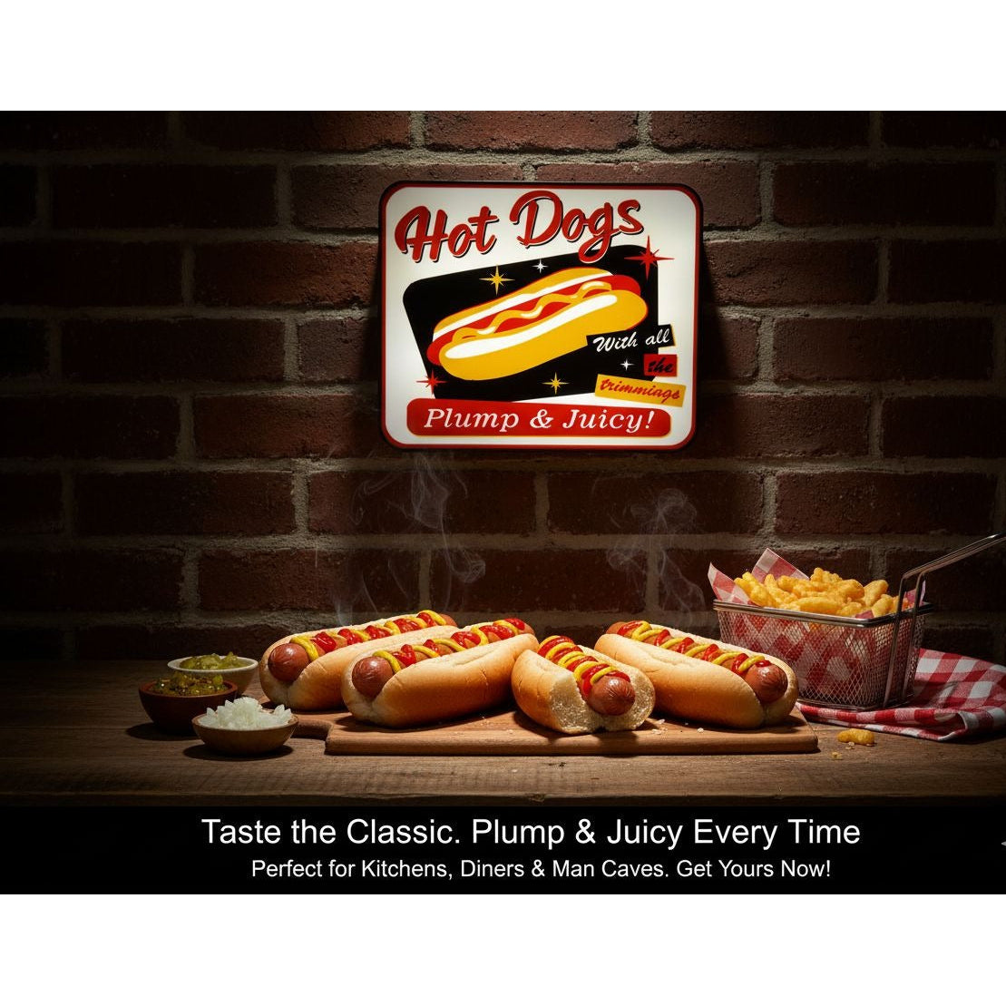Retro LED Hot Dogs Sign (10"x7") – "Plump & Juicy!" Light-Up Display for Diner, Food Truck & Kitchen Wall Decor