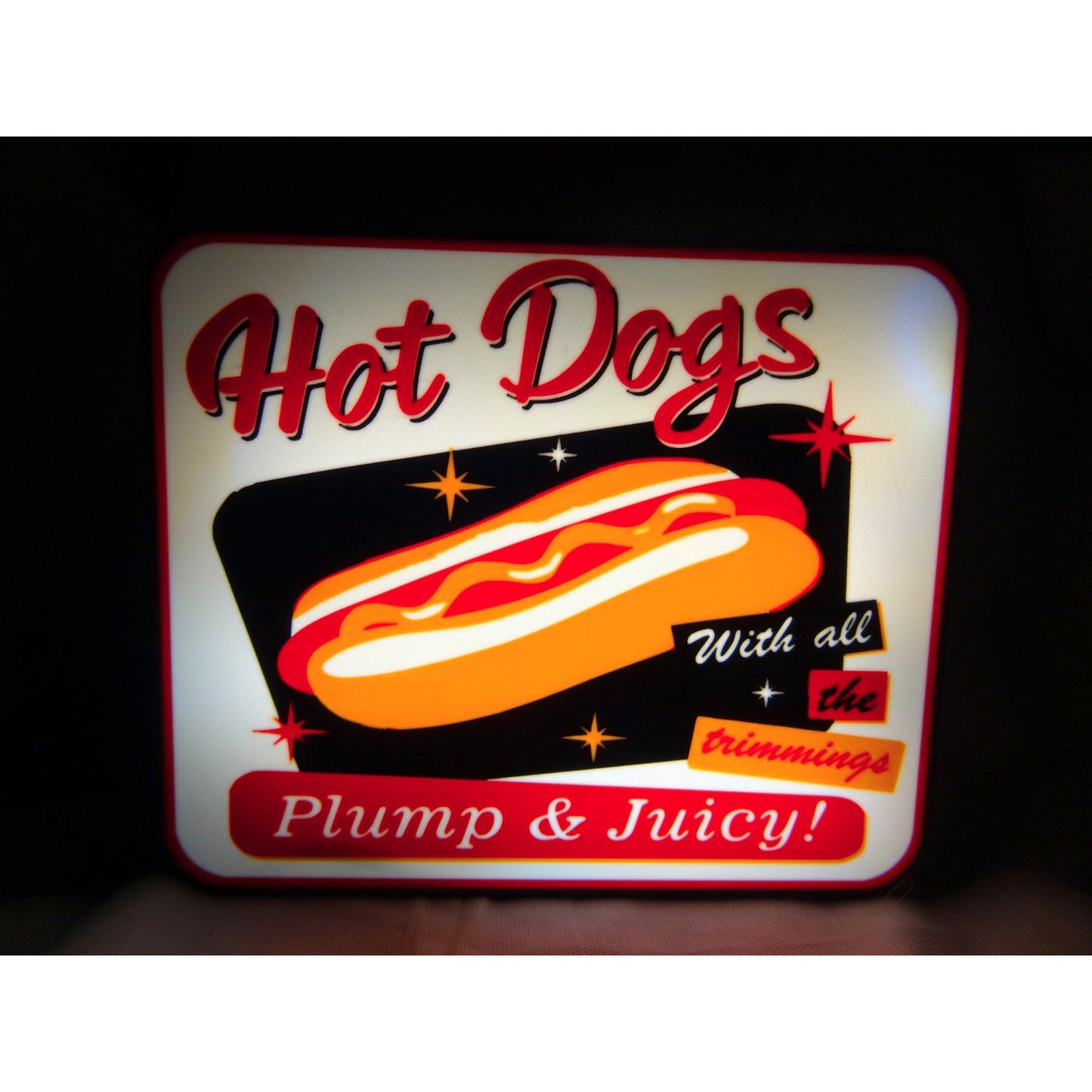 Retro LED Hot Dogs Sign (10"x7") – "Plump & Juicy!" Light-Up Display for Diner, Food Truck & Kitchen Wall Decor