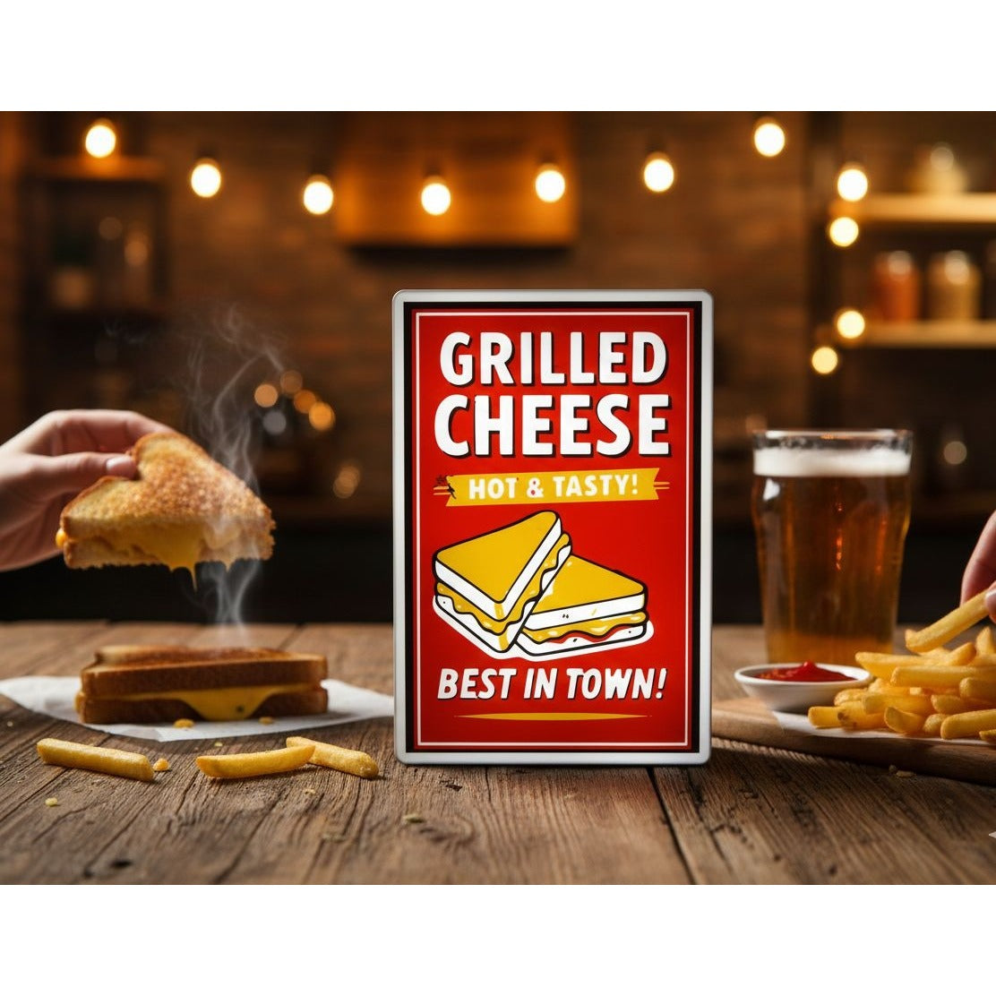 Grilled Cheese "Hot & Tasty" Retro Lightbox Sign | 10"x7" retro LED Wall Decor | USB-Powered Restaurant or Kitchen Art
