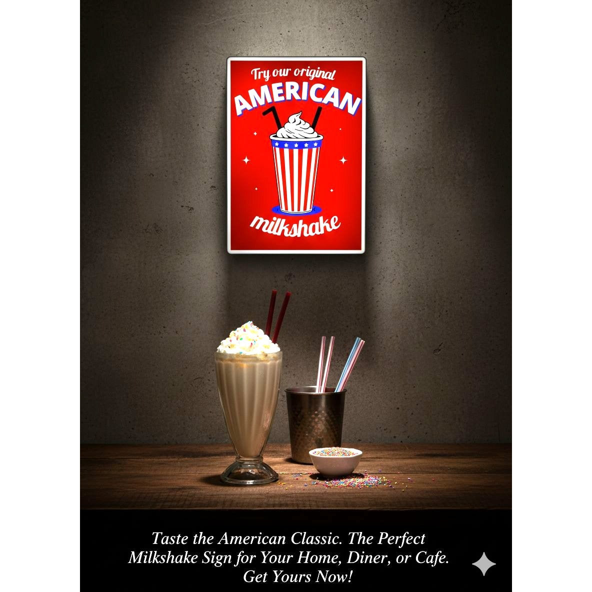 American Milkshake Retro LED Lightbox Sign (10"x7") – Vintage Diner Decor, Soda Fountain Wall Art & Metal Light-Up Display