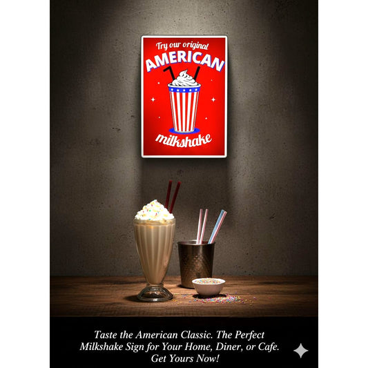American Milkshake Retro LED Lightbox Sign (10"x7") – Vintage Diner Decor, Soda Fountain Wall Art & Metal Light-Up Display