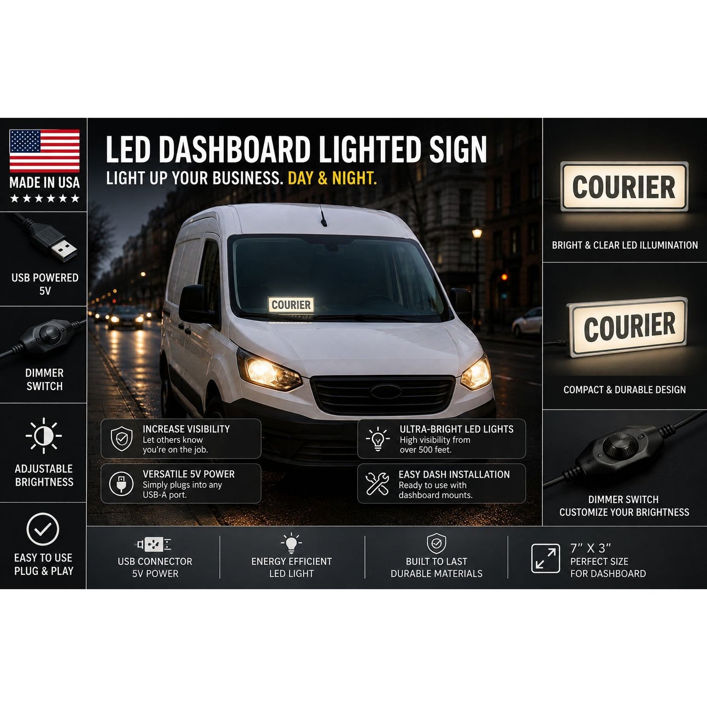 LED Courier Sign for Van & Car Dashboard – 5V USB Powered Lighted Delivery Sign, Bright Nighttime Visibility, Easy Dash Mount Illuminated