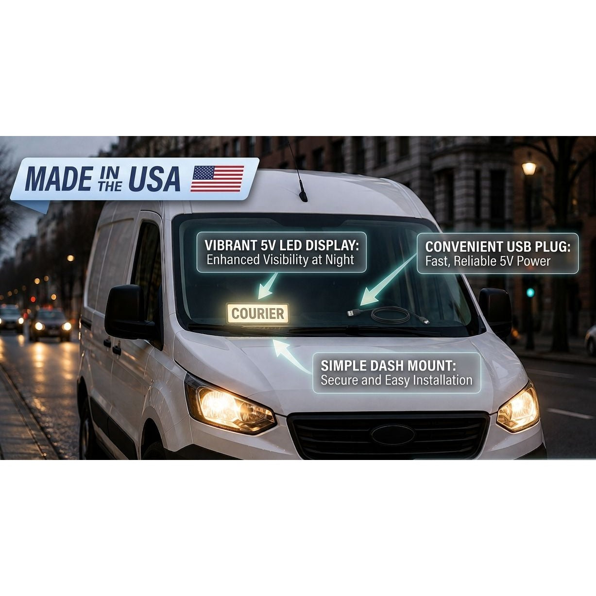 LED Courier Sign for Van & Car Dashboard – 5V USB Powered Lighted Delivery Sign, Bright Nighttime Visibility, Easy Dash Mount Illuminated