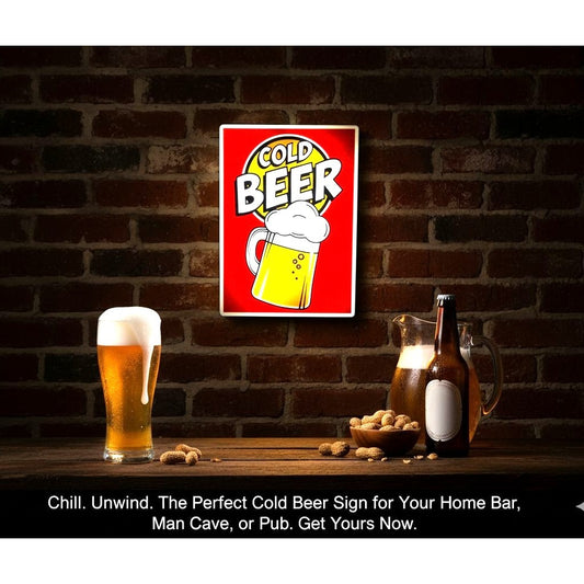 "Cold Beer" LED Light-Up Sign (Approx. 8"x10") – USB Powered Bar Sign, Man Cave Wall Decor & Home Pub Lightbox