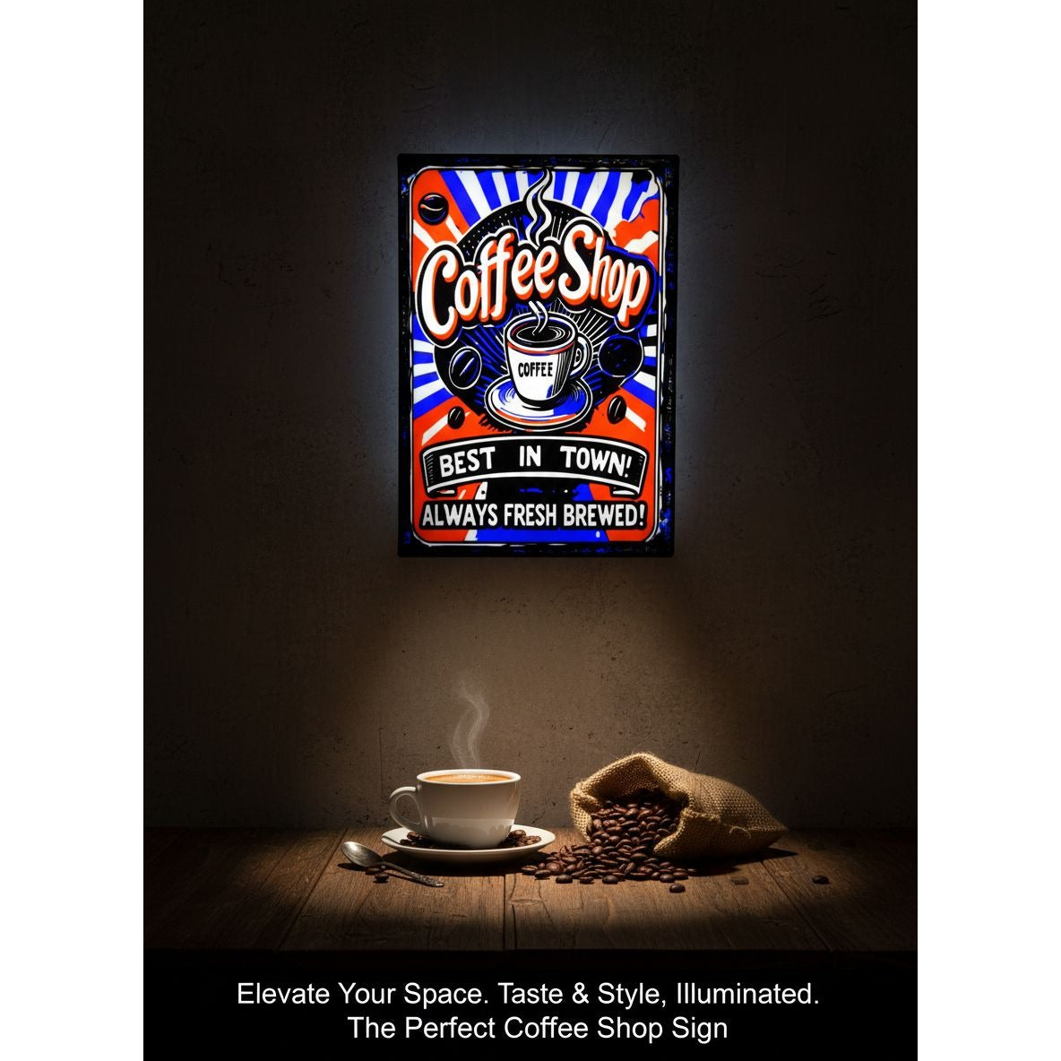 Retro LED Coffee Shop Sign (10"x7") – "Best In Town! Always Fresh Brewed!" Lightbox for Cafe, Kitchen & Home Bar
