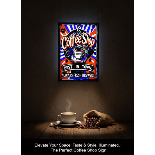 Retro LED Coffee Shop Sign (10"x7") – "Best In Town! Always Fresh Brewed!" Lightbox for Cafe, Kitchen & Home Bar