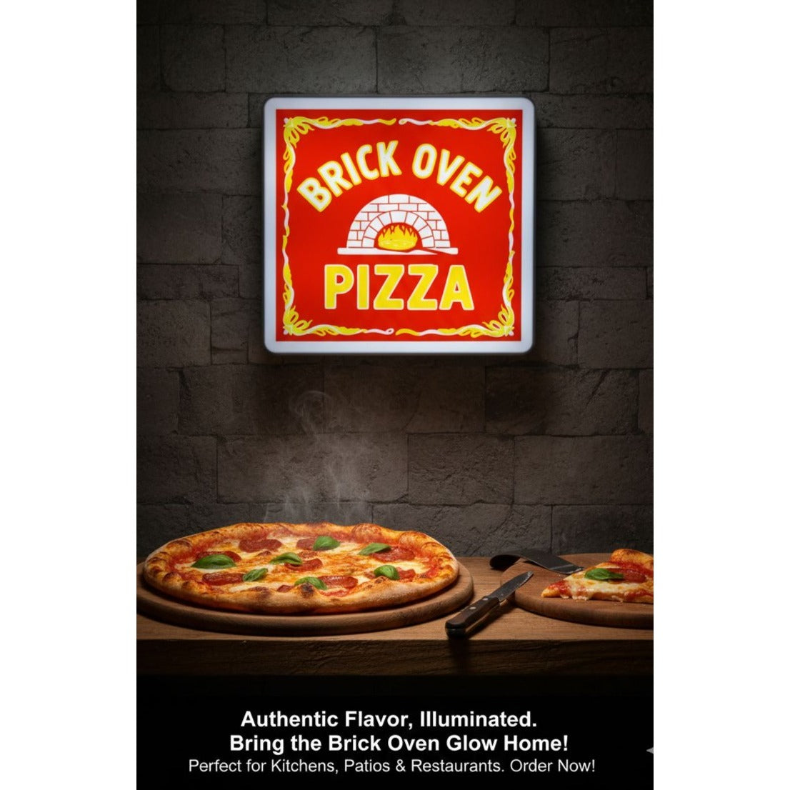 "Brick Oven Pizza" LED Wall Sign (10"x10") – Wood-Fired Pizzeria Decor, Retro Italian Lightbox & Kitchen Night Light