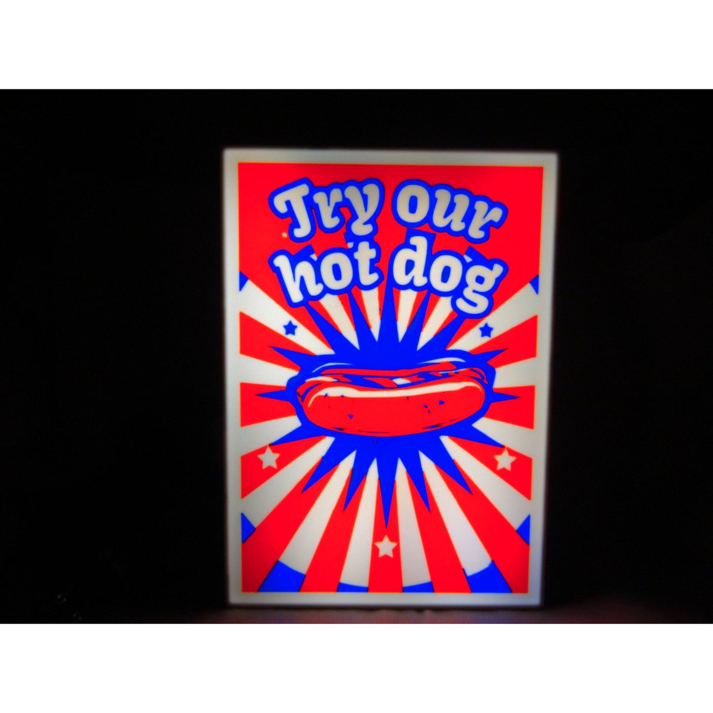 Vintage Retro Diner Sign: "Try Our Hot Dog" Light-Up LED Wall Decor | 10"x7" Red & Blue Nostalgic Display for Kitchen, Man Cave, or Restaurant