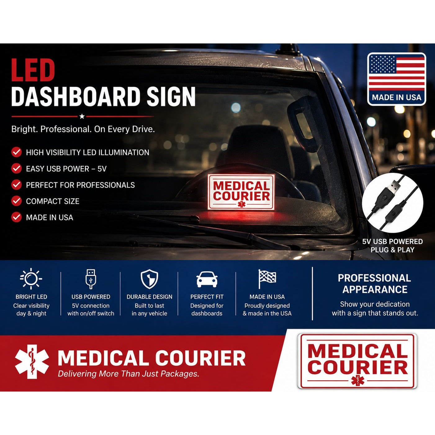 MEDICAL COURIER LED Sign for Car Dashboard | Made in USA, 5V USB Powered Light Up Placard with Dimmer Switch | Illuminated