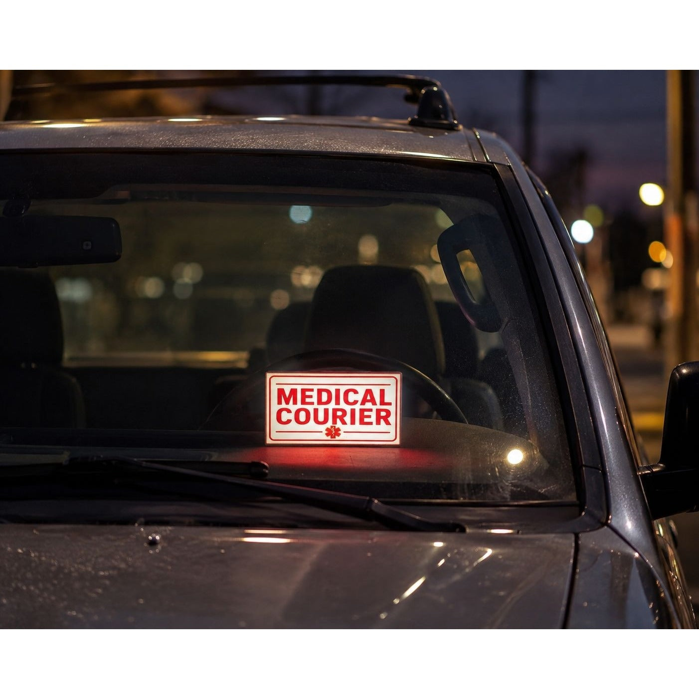 MEDICAL COURIER LED Sign for Car Dashboard | Made in USA, 5V USB Powered Light Up Placard with Dimmer Switch | Illuminated