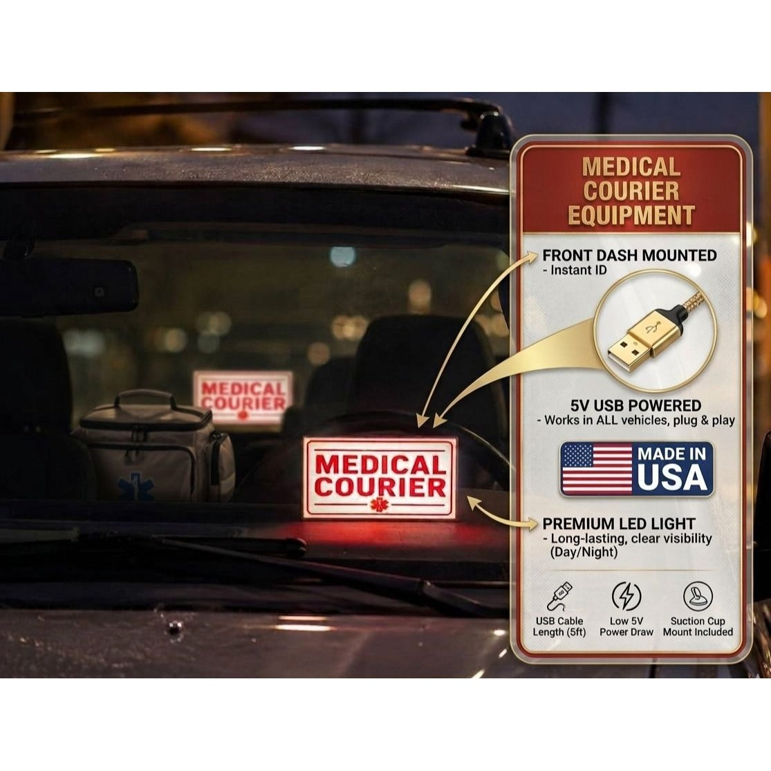 MEDICAL COURIER LED Sign for Car Dashboard | Made in USA, 5V USB Powered Light Up Placard with Dimmer Switch | Illuminated