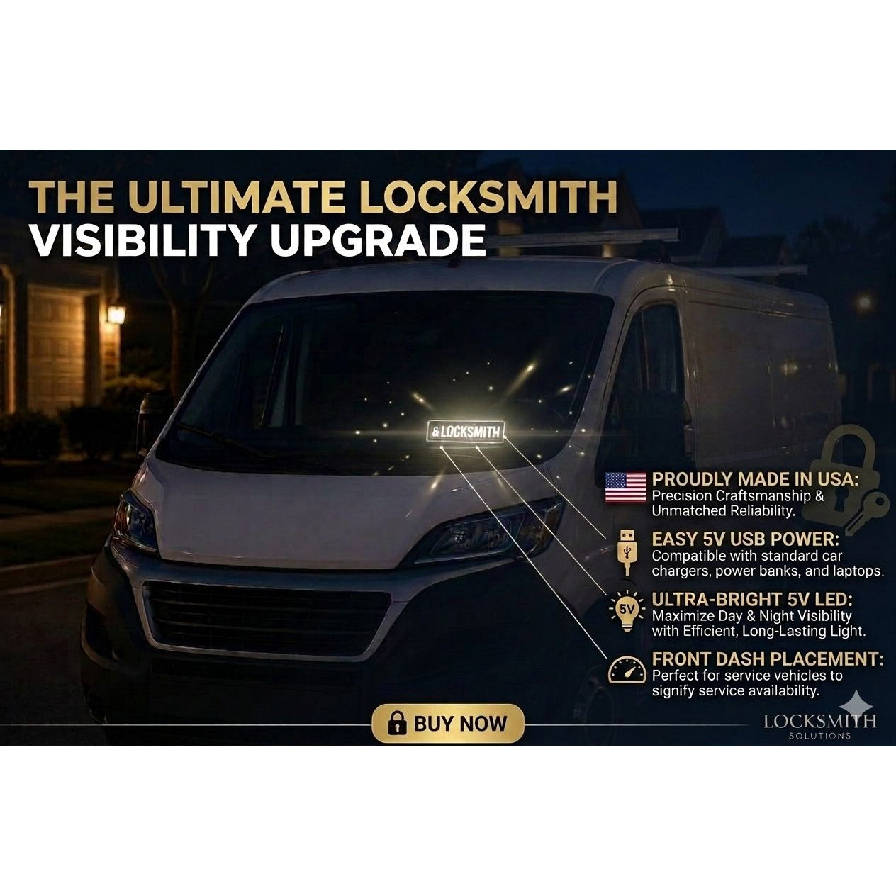 LOCKSMITH LED Sign for Van & Car Dashboard | Made in USA, 5V USB Powered Light Up