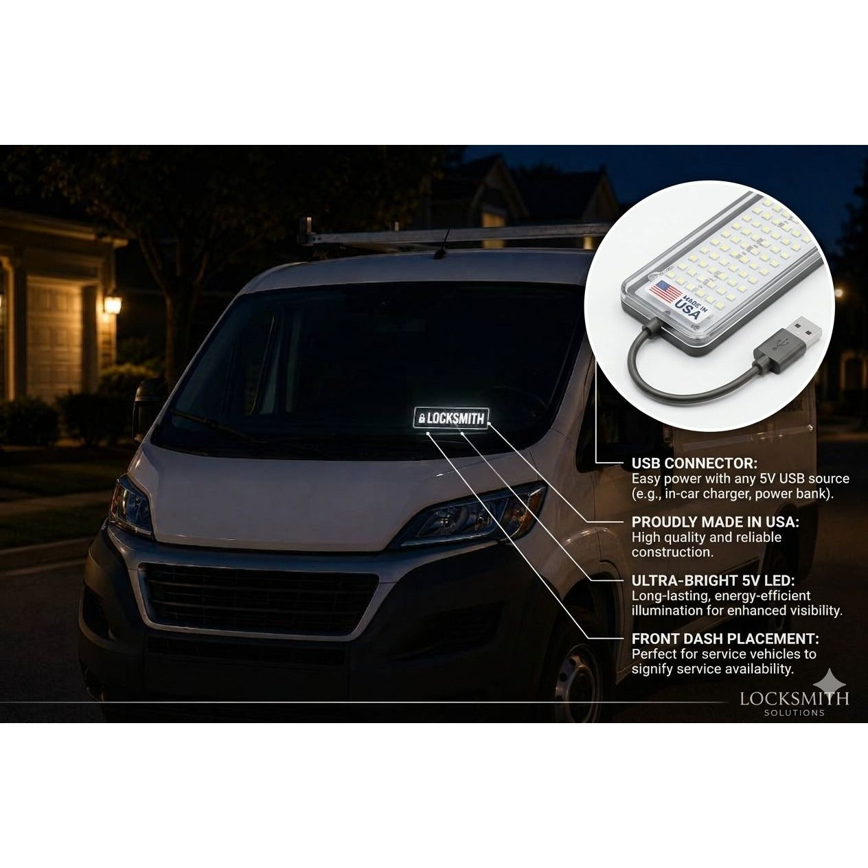 LOCKSMITH LED Sign for Van & Car Dashboard | Made in USA, 5V USB Powered Light Up