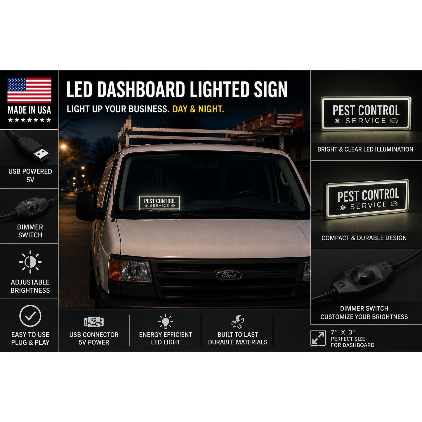 PEST CONTROL LED Sign for Truck & Van Dashboard | Made in USA, 5V USB Powered Light Up