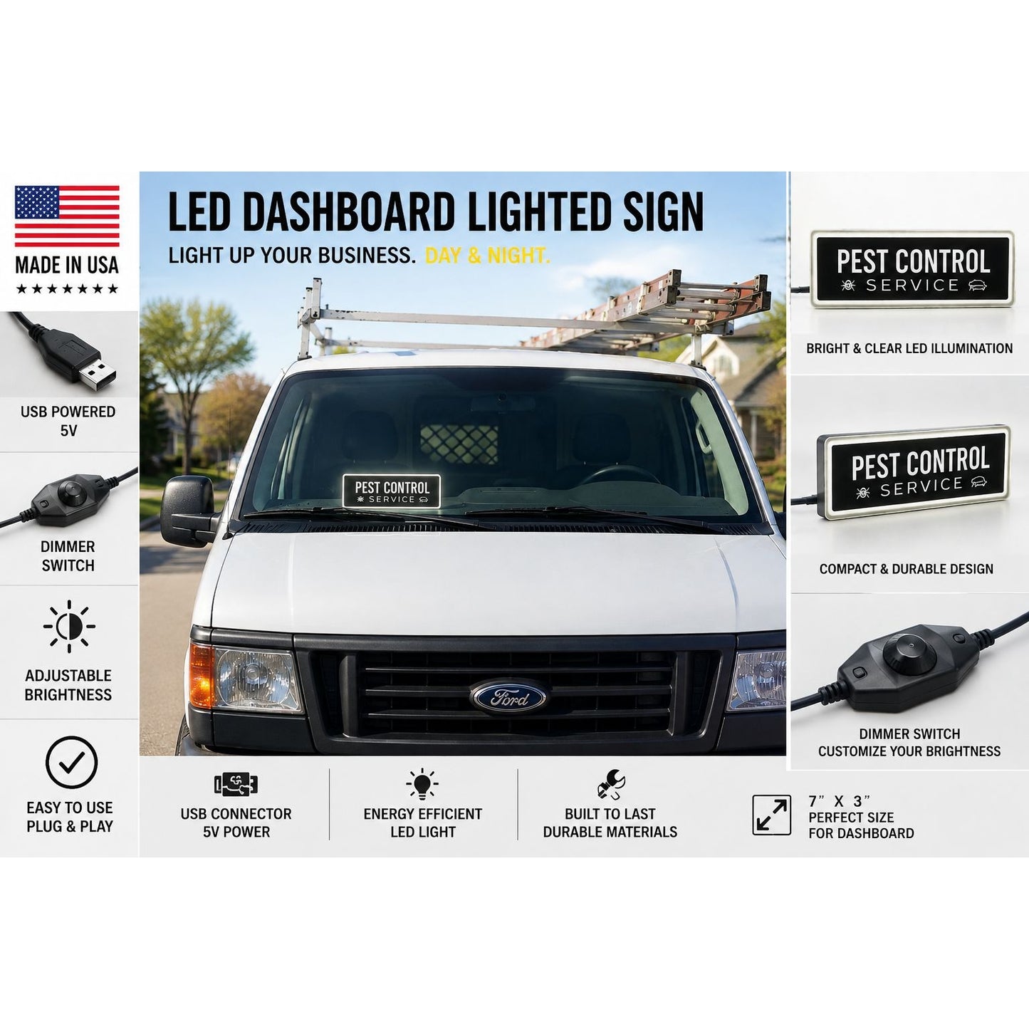PEST CONTROL LED Sign for Truck & Van Dashboard | Made in USA, 5V USB Powered Light Up