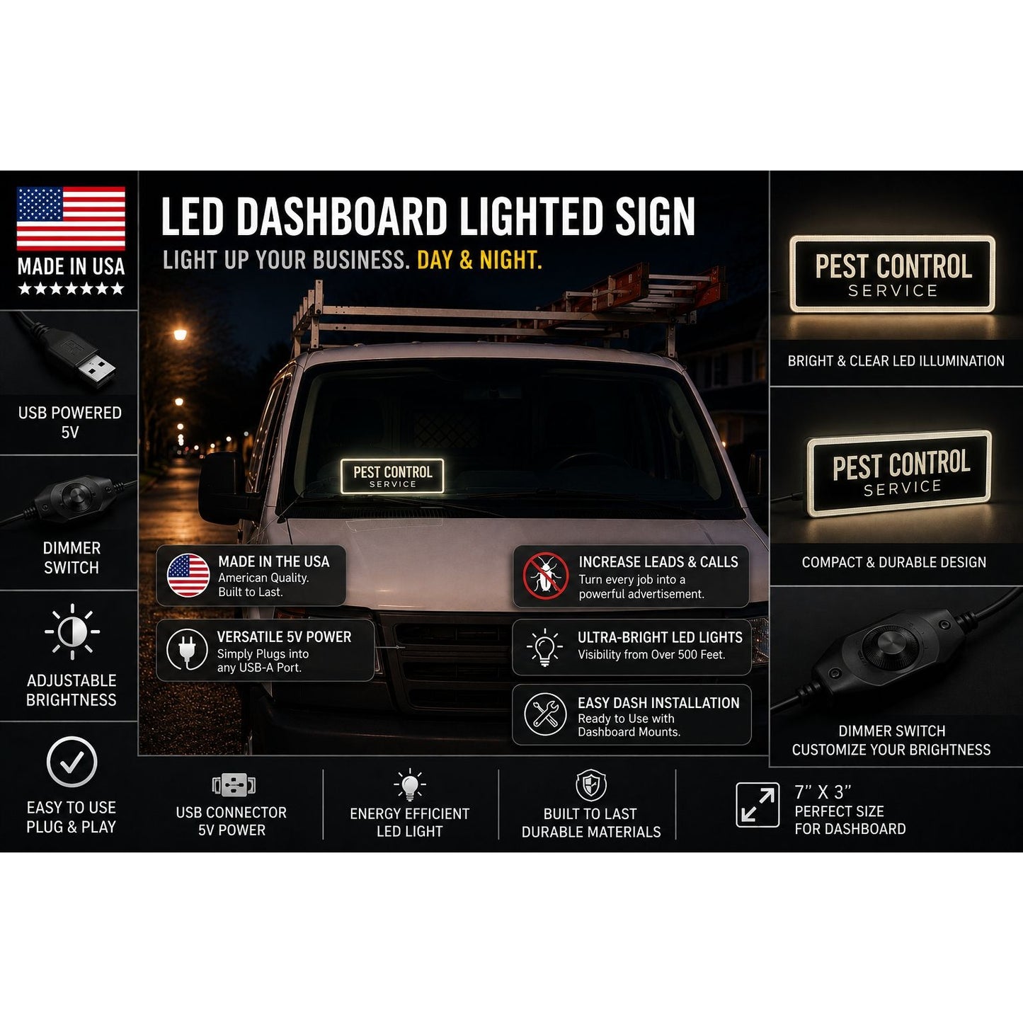 PEST CONTROL LED Sign for Truck & Van Dashboard | Made in USA, 5V USB Powered Light Up