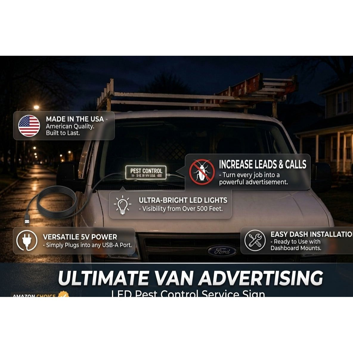 PEST CONTROL LED Sign for Truck & Van Dashboard | Made in USA, 5V USB Powered Light Up