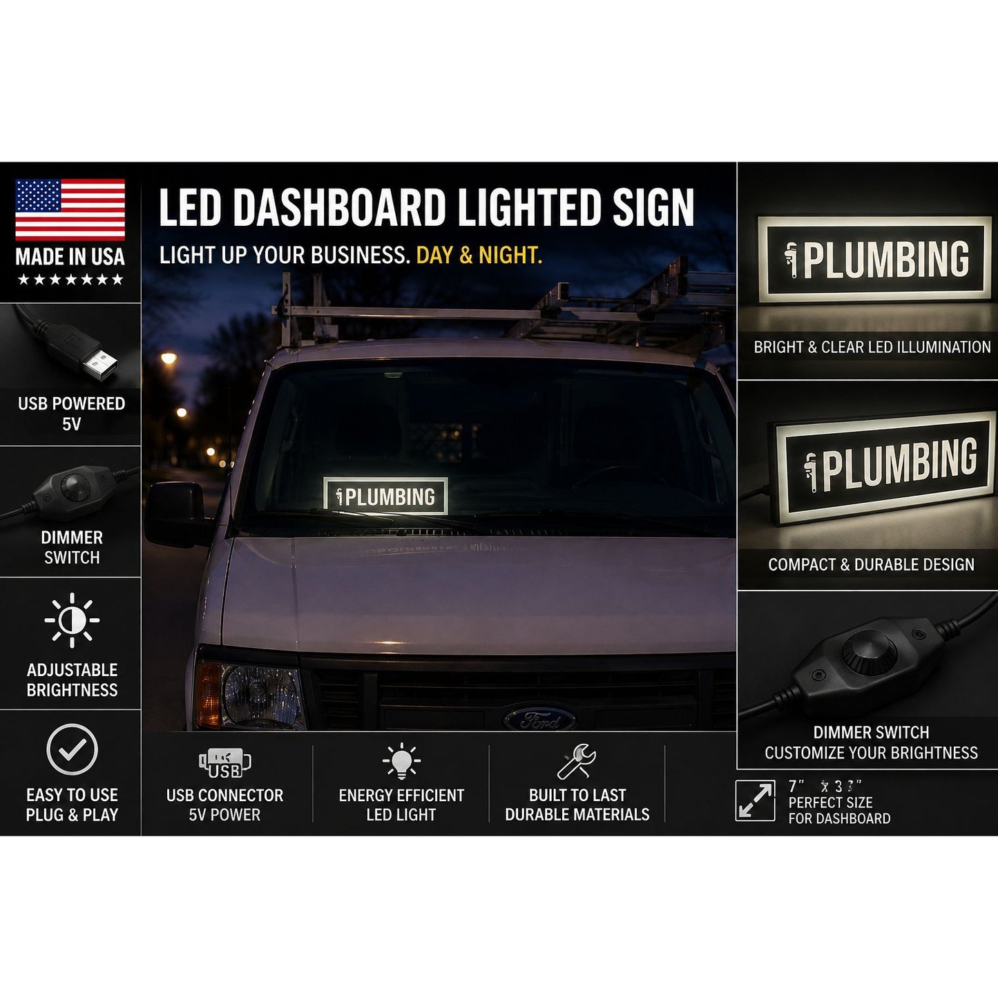PLUMBING LED Sign for Truck & Van Dashboard | Made in USA, 5V USB Powered Light Up