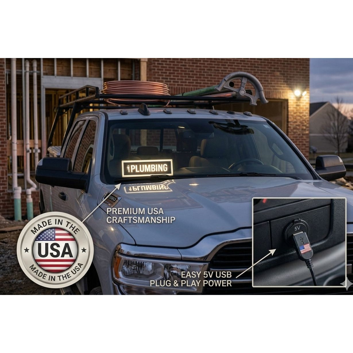PLUMBING LED Sign for Truck & Van Dashboard | Made in USA, 5V USB Powered Light Up