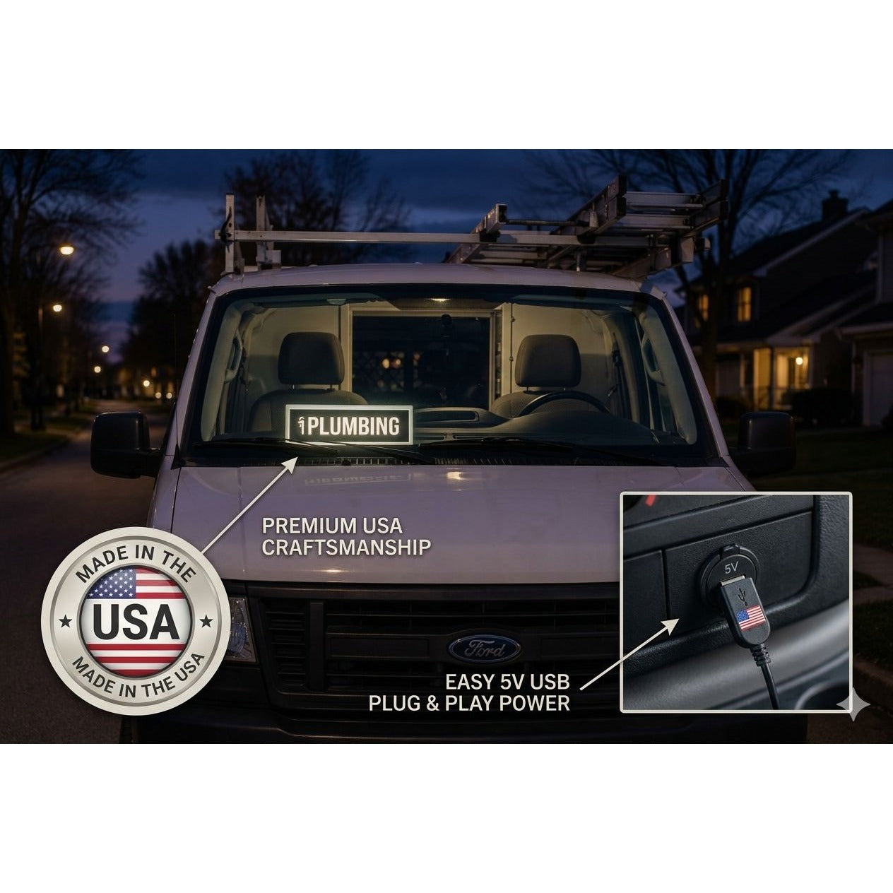 PLUMBING LED Sign for Truck & Van Dashboard | Made in USA, 5V USB Powered Light Up