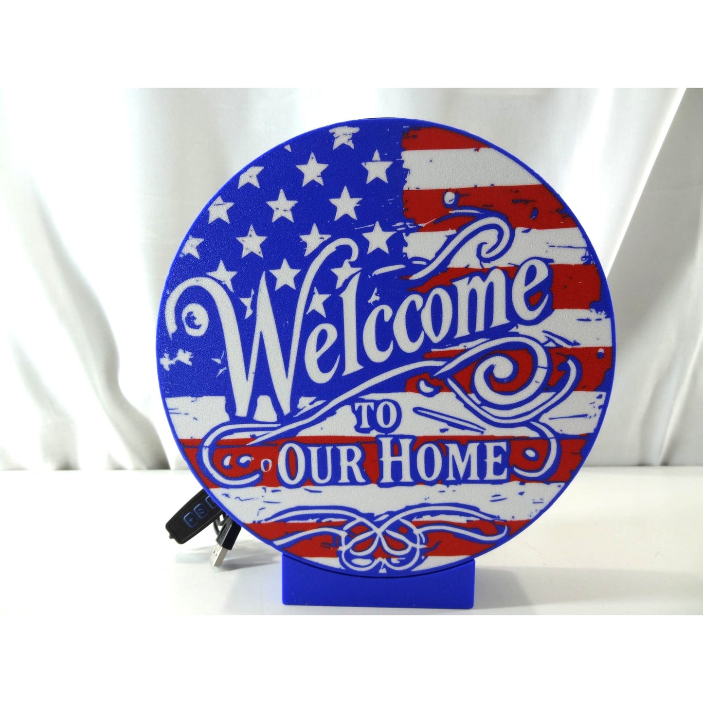 Patriotic LED Welcome Sign With USB American Flag Design Circular Shape with dimmer switch