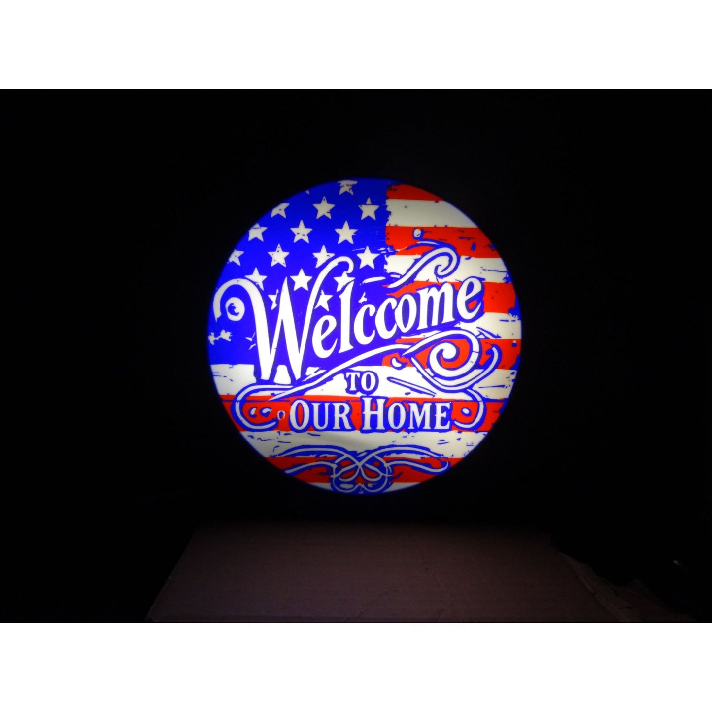 Patriotic LED Welcome Sign With USB American Flag Design Circular Shape with dimmer switch