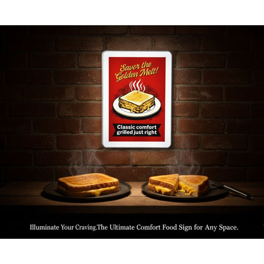 Grilled Cheese "Savor The Golden Melt" LED Backlit Retro Sign | 10"x7" Wall Art Decor | Red & Yellow Diner Style Pylon
