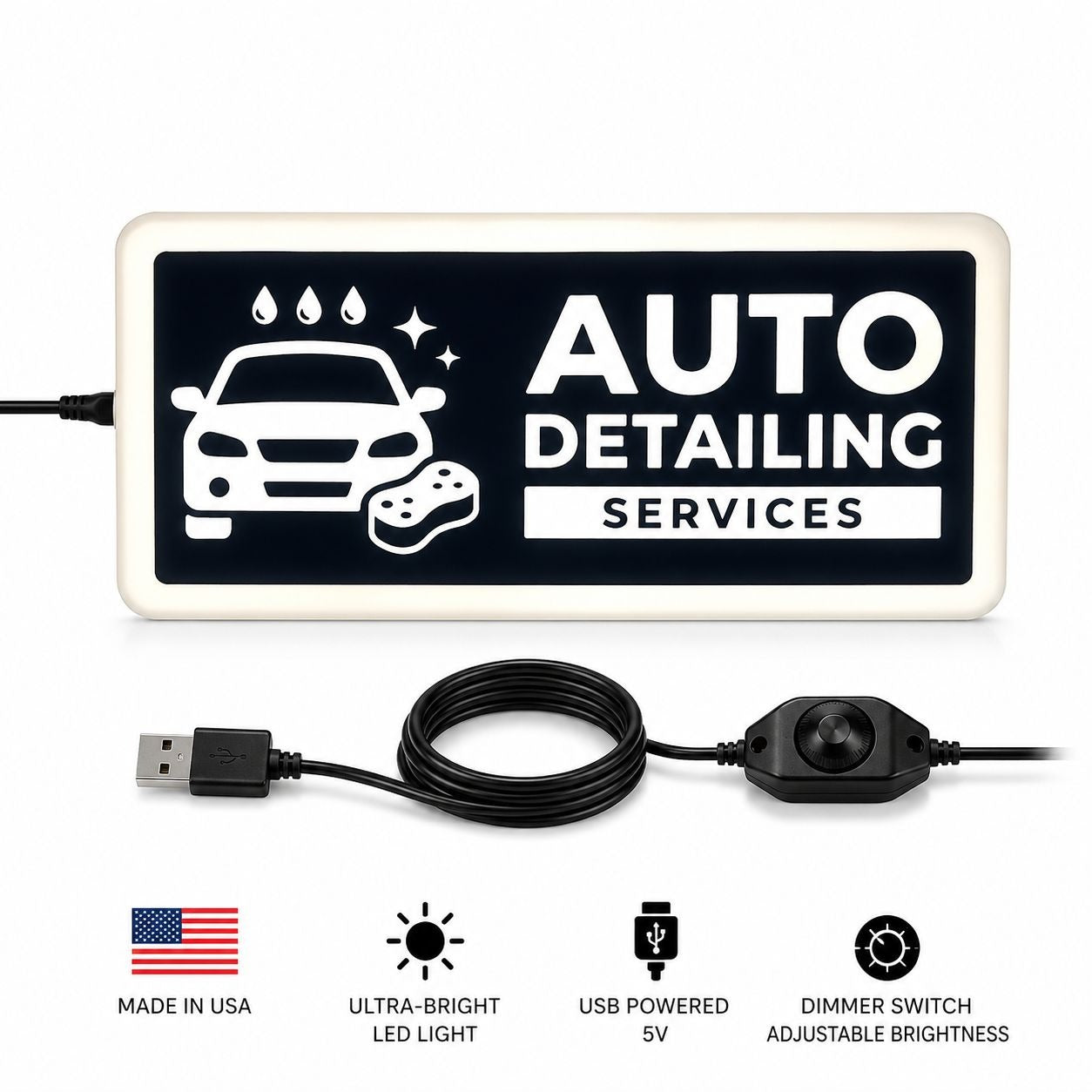 AUTO DETAILING LED Sign for Van & Truck Dashboard | Made in USA, 5V USB Powered Light Up