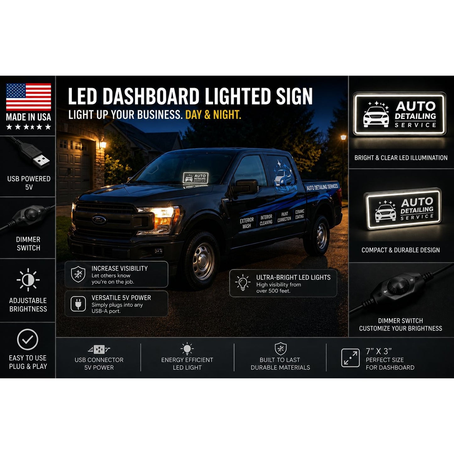AUTO DETAILING LED Sign for Van & Truck Dashboard | Made in USA, 5V USB Powered Light Up