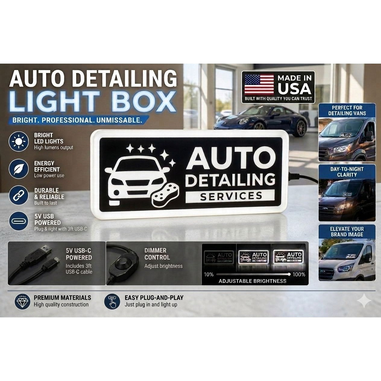 AUTO DETAILING LED Sign for Van & Truck Dashboard | Made in USA, 5V USB Powered Light Up