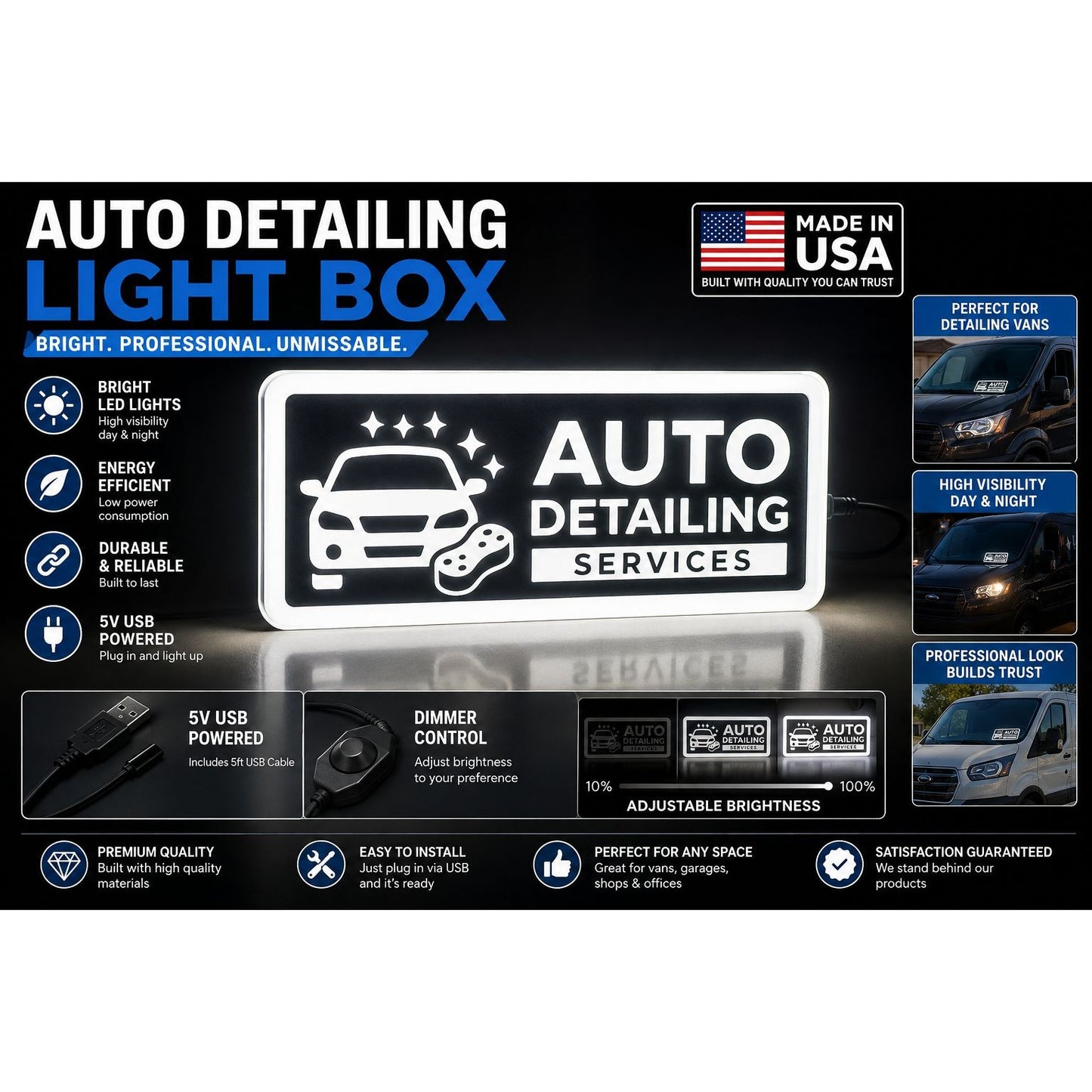 AUTO DETAILING LED Sign for Van & Truck Dashboard | Made in USA, 5V USB Powered Light Up
