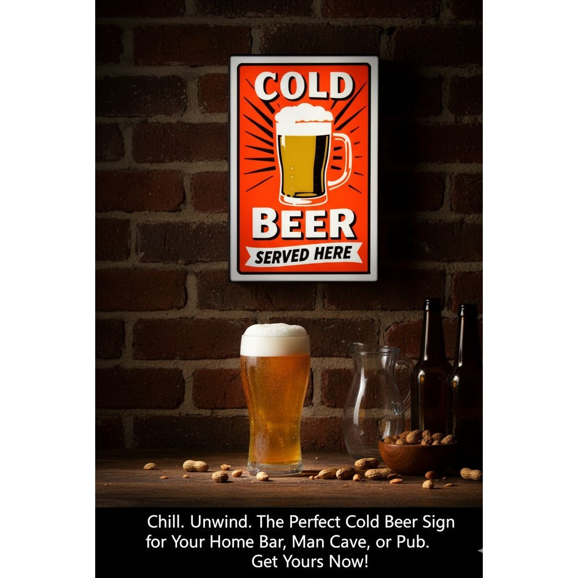 "Cold Beer" LED Light-Up Sign (Approx. 8"x10") – USB Powered Bar Sign, Man Cave Wall Decor & Home Pub Lightbox
