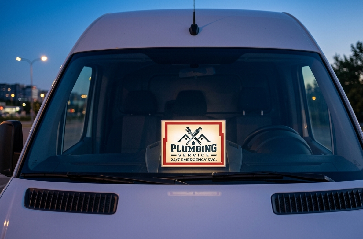 Custom Illuminated Service Van Dashboard Lightbox - 24/7 Emergency Logo Sign for Plumbers & Electricians, HVAC