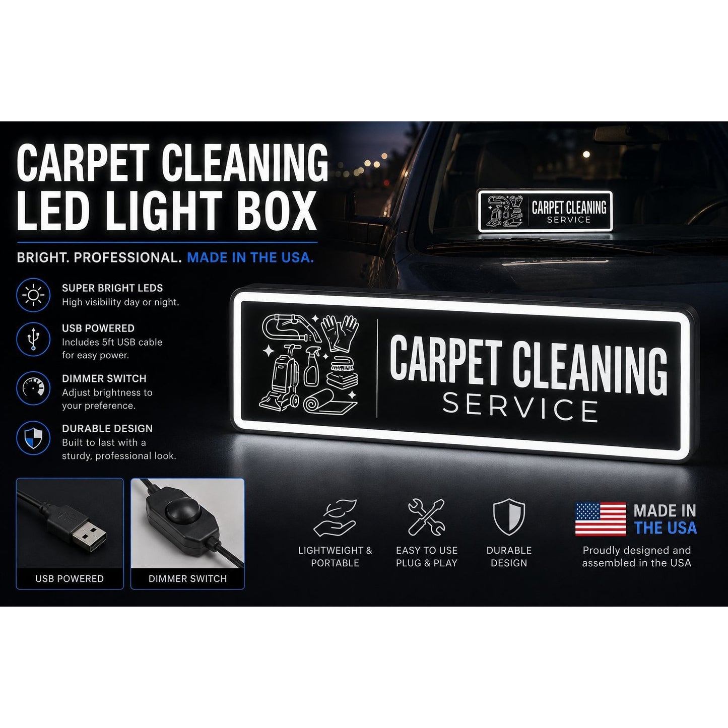 Carpet Cleaning Service Illuminated LED Windshield Light Box Sign | Made in USA