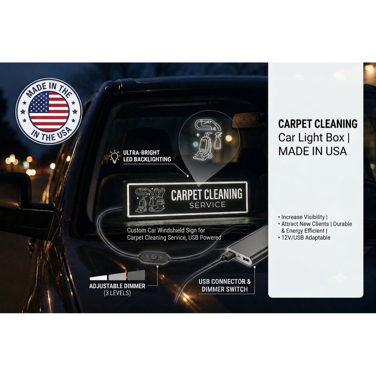Carpet Cleaning Service Illuminated LED Windshield Light Box Sign | Made in USA